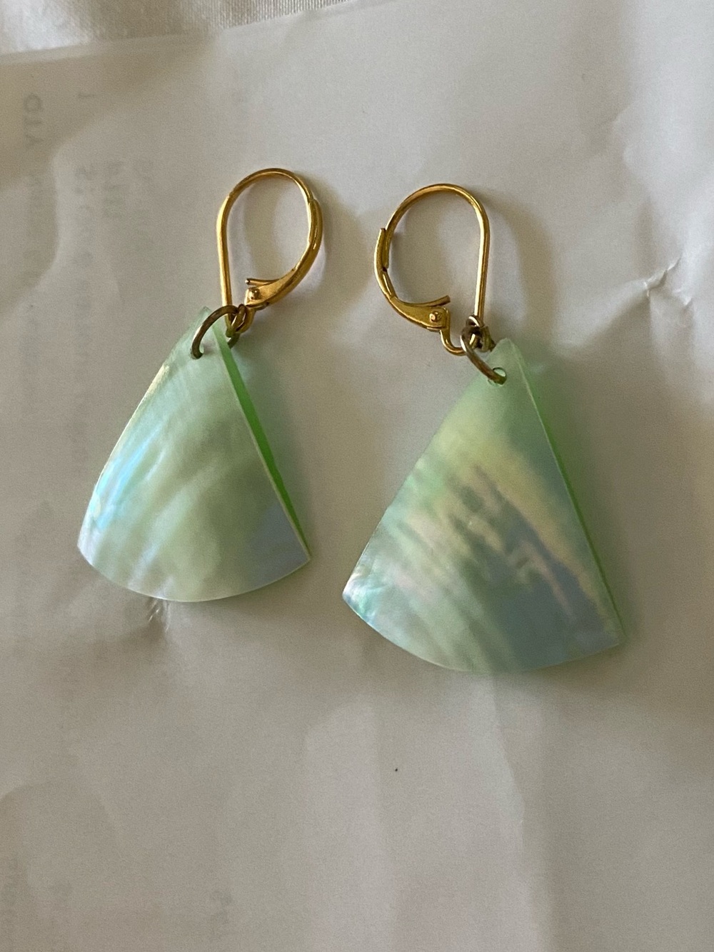 Iridescent Light Green Shell Fan Drop Earrings with Gold Hooks